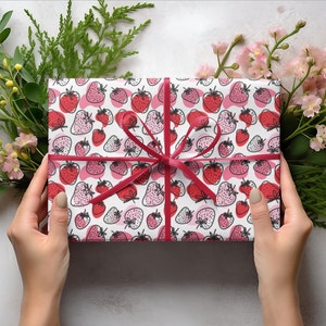 Strawberry Print Wrapping Paper Gift Wrap Summer Cute Strawberry Patch Gift Wrap Bright Luxury Wrapping Paper Girl Birthday Gift Wrap Papers