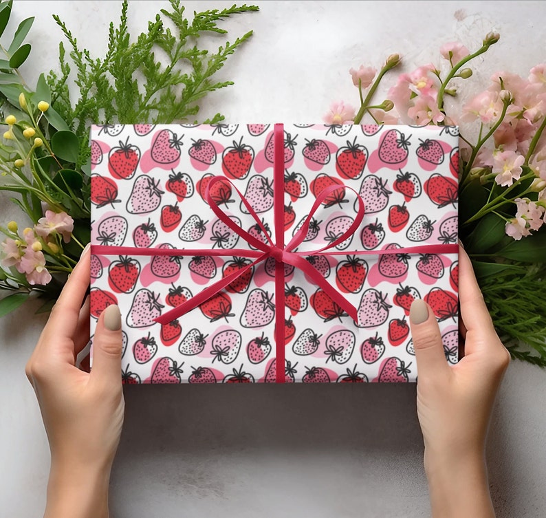 Strawberry Print Wrapping Paper Gift Wrap Summer Cute Strawberry Patch Gift Wrap Bright Luxury Wrapping Paper Girl Birthday Gift Wrap Papers