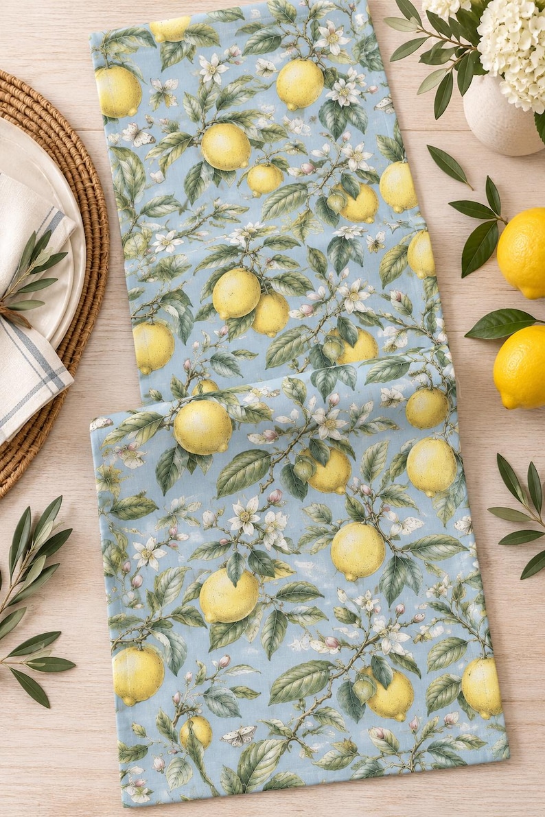Lemon Table Runner, Fruit Kitchen Decor, Yellow Citrus Cotton Table Decoration, Summer Dining Table Linen, Mediterranean Inspired Home Decor