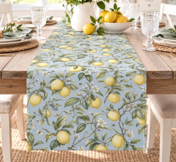 Lemon Table Runner, Fruit Kitchen Decor, Yellow Citrus Cotton Table Decoration, Summer Dining Table Linen, Mediterranean Inspired Home Decor