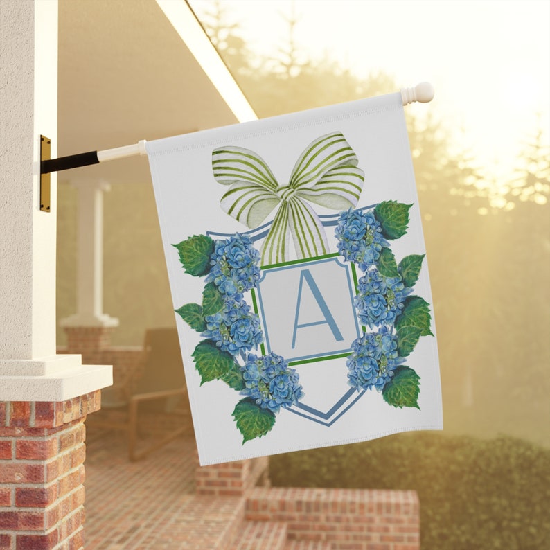 Custom Garden Flag Preppy Bow Monogram Blue Hydrangea Flag Yard Art Hydrangeas Garden Flag Personalized Decor Porch Crest Flag Patio Flag