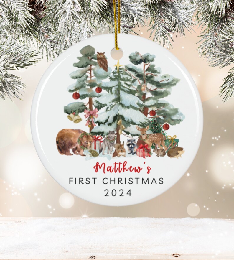 Babies First Christmas Ornament With Animals Personalized Outdoors