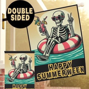 Summerween Decor, Garden Flag - Funny Skeleton Banner for Halloween Plus Summer | Creepy Yard Art for Pool, Porch, Mailbox, Pool Party Flag