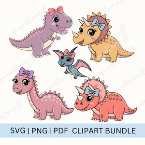 Kawaii Dinosaur Clipart Bundle, Cute Girl Dinosaurs SVG PNG PDF Files ...