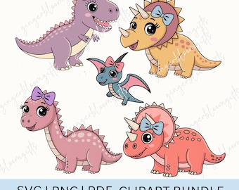 Könnte beinhalten: Ein Set mit fünf niedlichen Dinosaurier-Clipart-Bildern. Die Dinosaurier sind rosa, lila, blau und orange. Jeder Dinosaurier hat eine Schleife auf dem Kopf. Die Dinosaurier sind in verschiedenen Posen, darunter stehend, sitzend und fliegend. Der Clipart ist perfekt für die Verwendung in Bastelprojekten, Scrapbooking und digitalem Design.