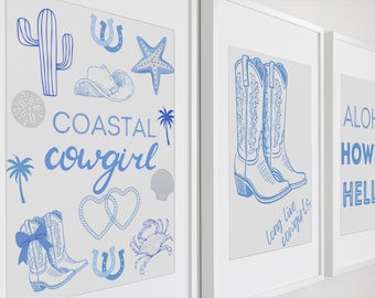 Conjunto de quadros decorativos Coastal Cowgirl para parede, estilo country azul, ideal para dormitórios.