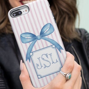 Coquette Bow Phone Case Custom Cell Monogram Cover Personalized Pink Stripe iPhone 13 Cell Samsung s24 Google Pixel 8 Pro Max Galaxy S23 S22