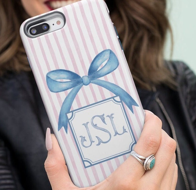 Coquette Bow Phone Case Custom Cell Monogram Cover Personalized Pink Stripe iPhone 13 Cell Samsung s24 Google Pixel 8 Pro Max Galaxy S23 S22