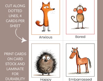 May include: Four printable cards featuring cartoon animals with different emotions. The animals are a fox, a monkey, a hedgehog, and a horse. The emotions are anxious, bored, happy, and embarrassed. The cards are designed to be cut out and laminated for durability.