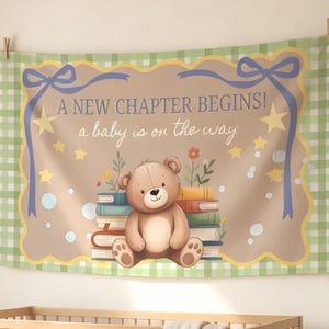 A New Chapter Begins Baby Shower Banner, Bear and Books, Expecting Party Backdrop, Customizable DIY Banner (Digital Download)