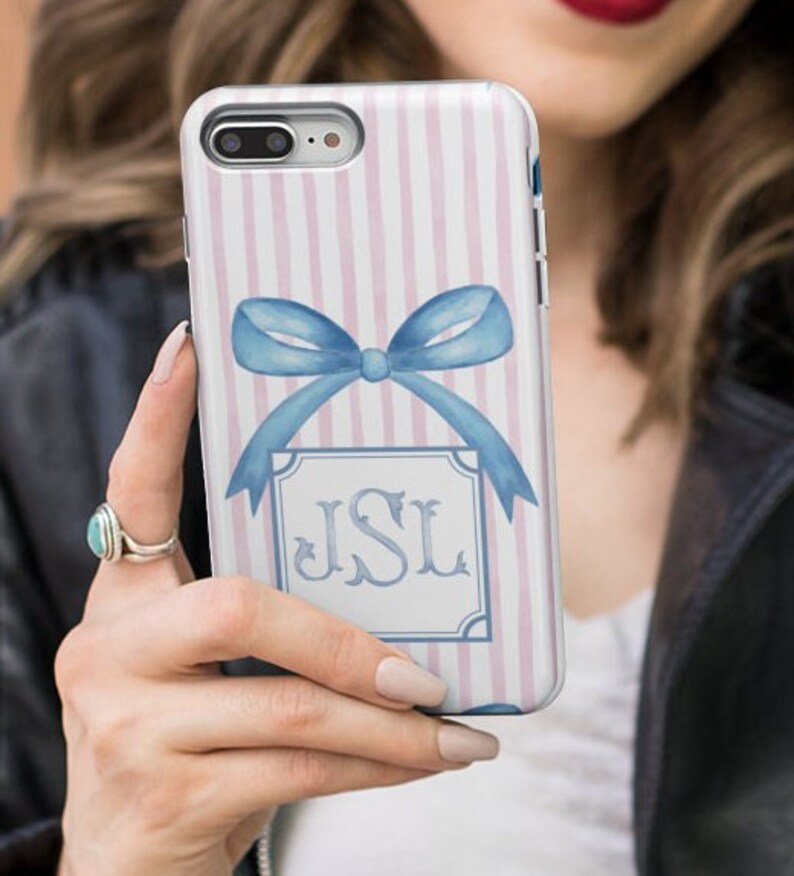 Coquette Bow Phone Case Custom Cell Monogram Cover Personalized Pink Stripe iPhone 13 Cell Samsung s24 Google Pixel 8 Pro Max Galaxy S23 S22