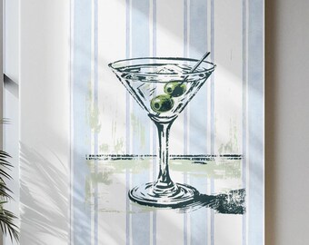 Martini met olijven muurkunst png-cocktailposter, strepen digitale print decor barwagen