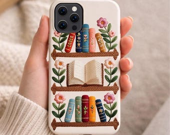 Bookish Floral Phone Case, Faux Embroidery Cottagecore Bookshelf Design