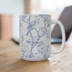 Toile de Juoy Mug, Blue and White Bird Ceramic Cup, Summer Vintage Chinoiserie Tea Coffee Mug, Gift for Mom Grandma, Grandmillennial Print