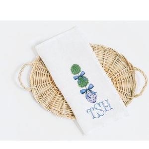 Topiary Tea Towel Monogram Blue Chinoiserie Pattern Guest Towel Cotton Preppy Chinoiserie Personalized Grandmillenial Blue and White Gift