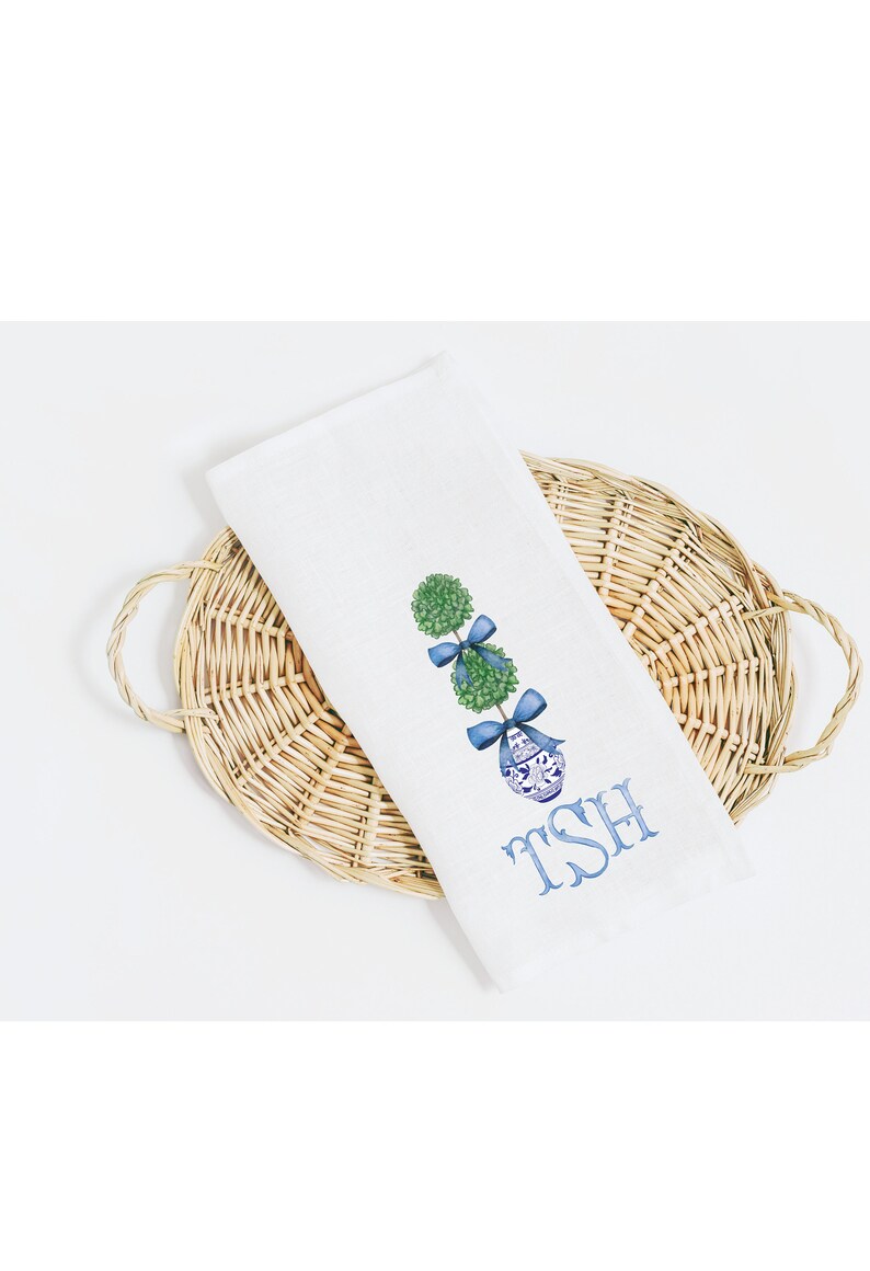 Topiary Tea Towel Monogram Blue Chinoiserie Pattern Guest Towel Cotton Preppy Chinoiserie Personalized Grandmillenial Blue and White Gift