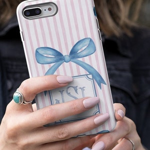 Coquette Bow Phone Case Custom Cell Monogram Cover Personalized Pink Stripe iPhone 13 Cell Samsung s24 Google Pixel 8 Pro Max Galaxy S23 S22