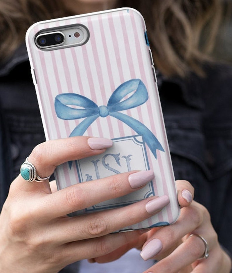 Coquette Bow Phone Case Custom Cell Monogram Cover Personalized Pink Stripe iPhone 13 Cell Samsung s24 Google Pixel 8 Pro Max Galaxy S23 S22