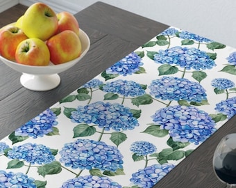 Blå hortensia bordslöpare | Akvarell blommig bomullstwilldekor