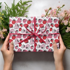 Strawberry Print Wrapping Paper Gift Wrap Summer Cute Strawberry Patch Gift Wrap Bright Luxury Wrapping Paper Girl Birthday Gift Wrap Papers