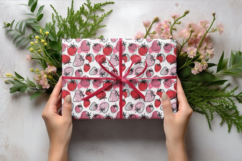 Strawberry Print Wrapping Paper Gift Wrap Summer Cute Strawberry Patch Gift Wrap Bright Luxury Wrapping Paper Girl Birthday Gift Wrap Papers