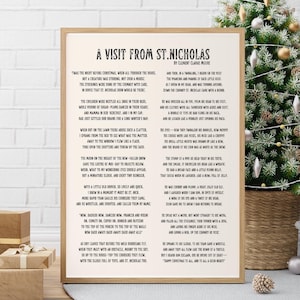 May include: A black and white printable poster with the poem "A Visit From St. Nicholas" by Clement Clarke Moore. The poem is printed in a simple, modern font and is centered on the page. The poster is perfect for adding a touch of holiday cheer to your home.