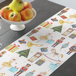 Watercolor Nutcracker Table Runner, Vintage Sugarplum Fairy Kitchen Decor Christmas Table Setting Cotton Twill Holiday Gift Festive Seasonal