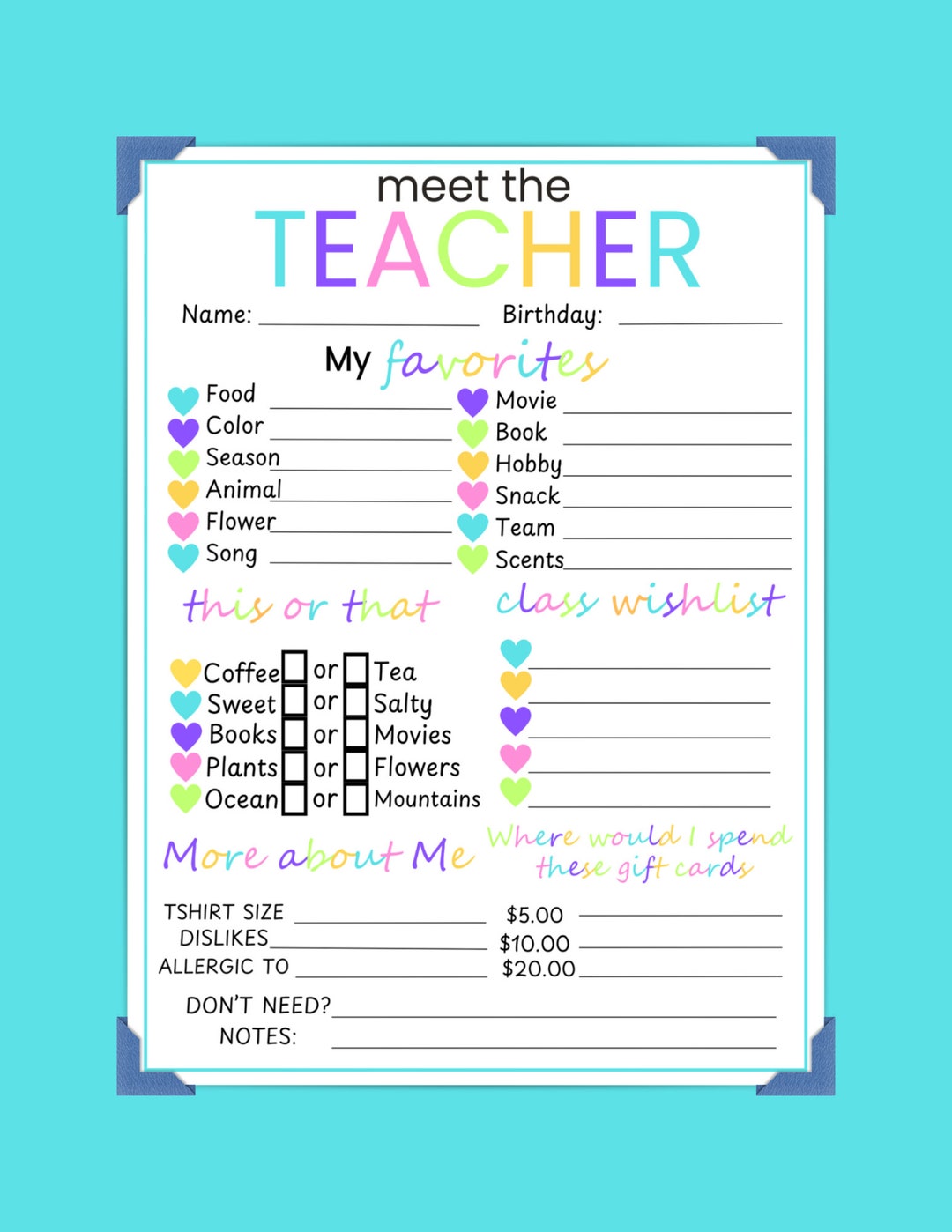 Teacher Favorite Things Printable Questionnaire (PDF) - Etsy