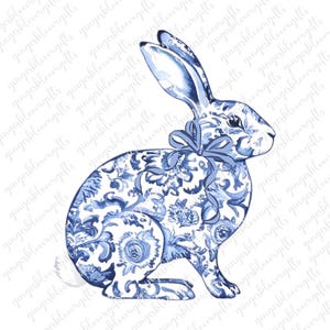 Chinoiserie konijn PNG, blauwe Victoriaanse patroon Bunny clipart, Coquette esthetische blauwe toile Haas digitale download Pasen kunst bloemen blauw