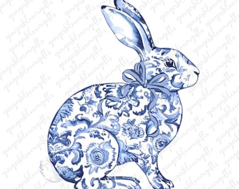 Chinoiserie Rabbit PNG, Blue Toile Bunny Clipart (Digital Download)