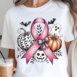Breast Cancer Halloween PNG, October Pink Ribbon T-Shirt Design, Digital Sublimation PNG for Cancer Awareness Pink Ribbon Shirt Design