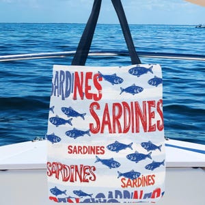 Sardine Patterned Tote Bag, Fun Beach Bag, Grocery Tote, Market Bag, Gift for Sea Lovers Fishermans Fish Lovers Gift