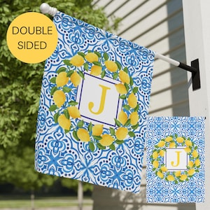 Personalized Garden Flag, Lemon Wreath Yard Art Garden Decor, Custom Monogram Flag Last Name Sign Blue White Custom Banner Porch Patio Gift
