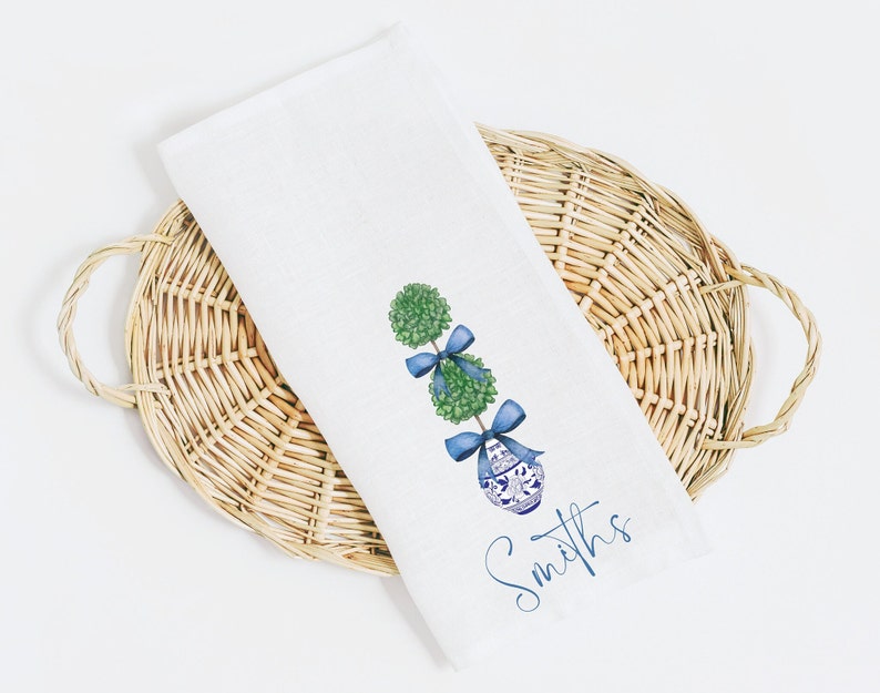 Personalized Topiary Tree Blue and White Planter Tea Towel Cotton Preppy Towel Chinoiserie Personalized Mothers Day Gift Bridal Shower Gift