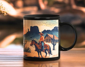 Western Cowboy Horseback Desert Scene Ceramic Mug (11oz or 15oz)