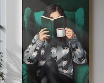 Woman Reading Wall Art | Cozy Bookish Print | Emerald Green Reading Nook Decor (Digital Download)