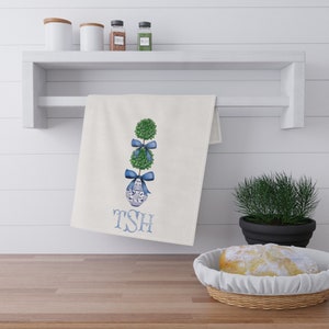 Topiary Tea Towel Monogram Blue Chinoiserie Pattern Guest Towel Cotton Preppy Chinoiserie Personalized Grandmillenial Blue and White Gift