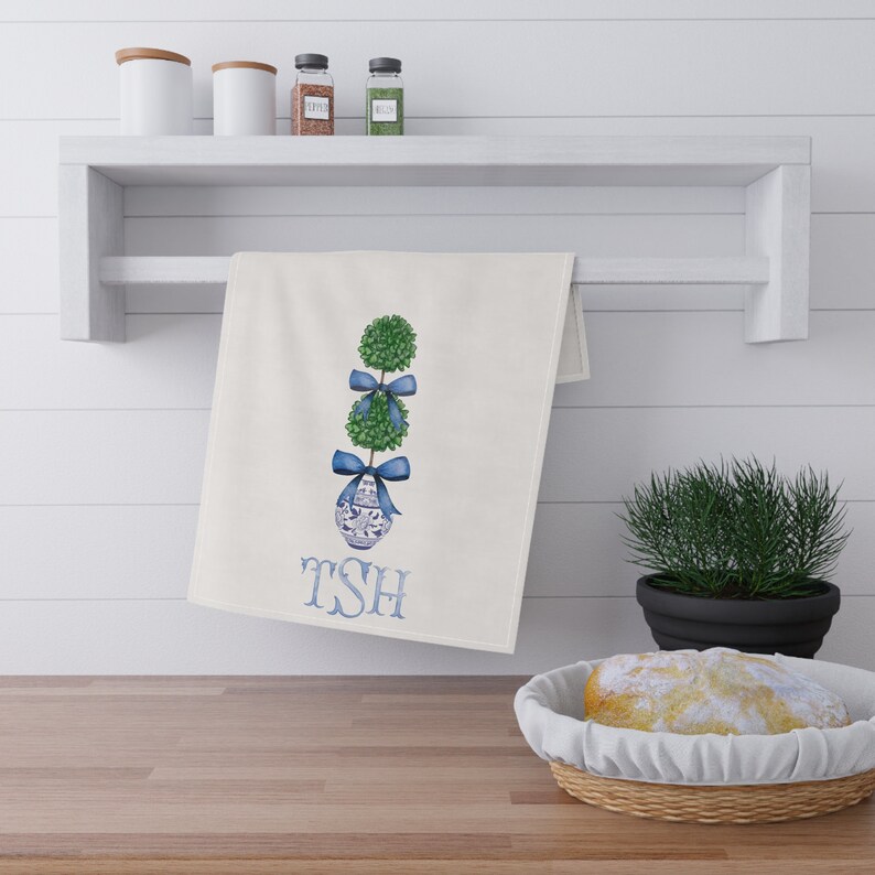 Topiary Tea Towel Monogram Blue Chinoiserie Pattern Guest Towel Cotton Preppy Chinoiserie Personalized Grandmillenial Blue and White Gift