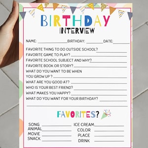 Verjaardagsinterview Kindervragen Afdrukbare pdf-enquête Cadeau-ideeën voor kinderen Feestfavorieten Kennismaken Cadeaus Jaarlijkse aandenken verlanglijst