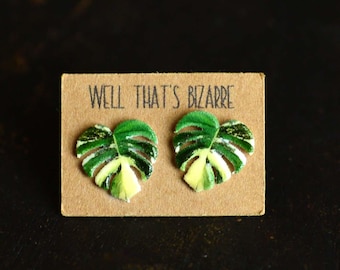 Variegated Monstera Leaf Stud Earrings: Plant Lover Jewelry