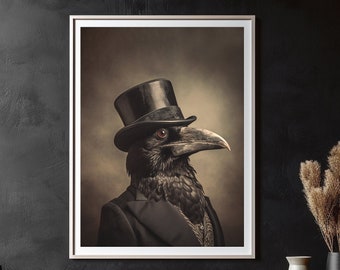 May include: A black crow wearing a black top hat and a black suit jacket. The crow is looking to the right of the image. The background is a brown color.