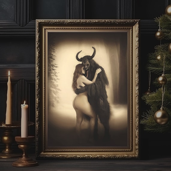 Krampus and Lover Art Print: Vintage Folklore Yule Decor - PLEASE READ DETAILS