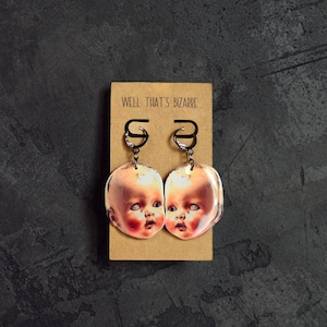 Summerween Earrings | Creepy Baby Doll Head Leverback Hoop Earrings | Horror | Dangles | Gauges | Halloween Earrings | Stretched Ears