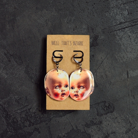 Summerween Earrings Creepy Baby Doll Head Leverback Hoop