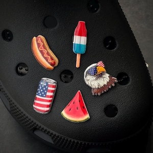 May include: A collection of decorative charms featuring patriotic themes. Includes a hot dog, a red, white, and blue popsicle, a can with a US flag design, a slice of watermelon, and an eagle head with a flag-themed bandana. These charms are designed to be attached to footwear.