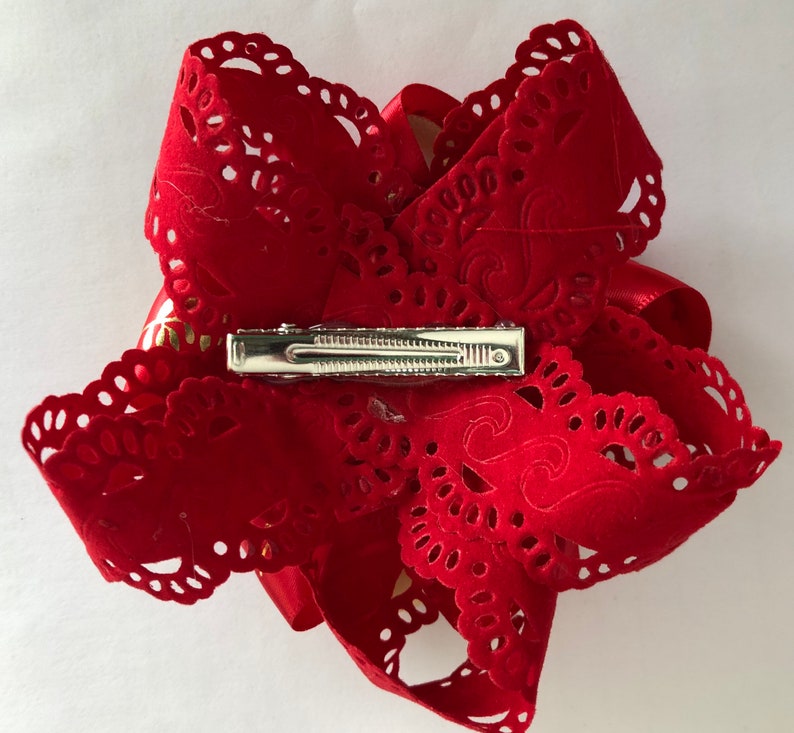 Red Poinsettia Flower Winter Christmas Girls Ribbon Barrette Clip Hair Bow Red Gold