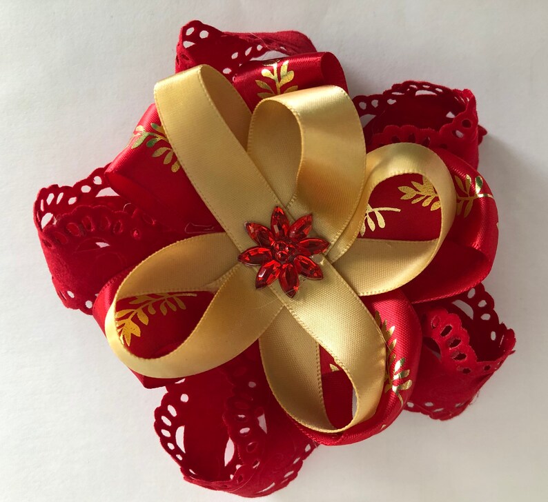 Red Poinsettia Flower Winter Christmas Girls Ribbon Barrette Clip Hair Bow Red Gold