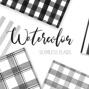 May include: Watercolor seamless plaid patterns in black and white. The patterns include stripes, gingham, and plaid.