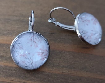 Silver sleeper earrings, floral pattern your pink on white background
