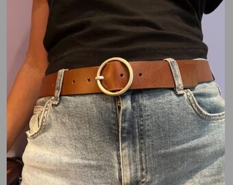 Women's Tanned/Cognac Leather Belt, Women's Leather Waist Belt Made in Canada, Vachetta Leather High Waist Belt with Circle buckle